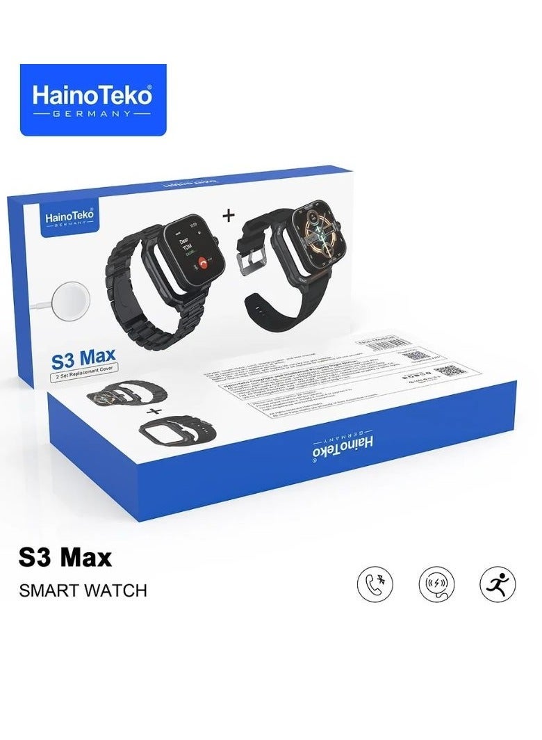 Haino Teko Germany S3 Max Smart Watch With 2 Set Strap and Dial Case and Wireless Charger For Men's and Boys Black - Image 1